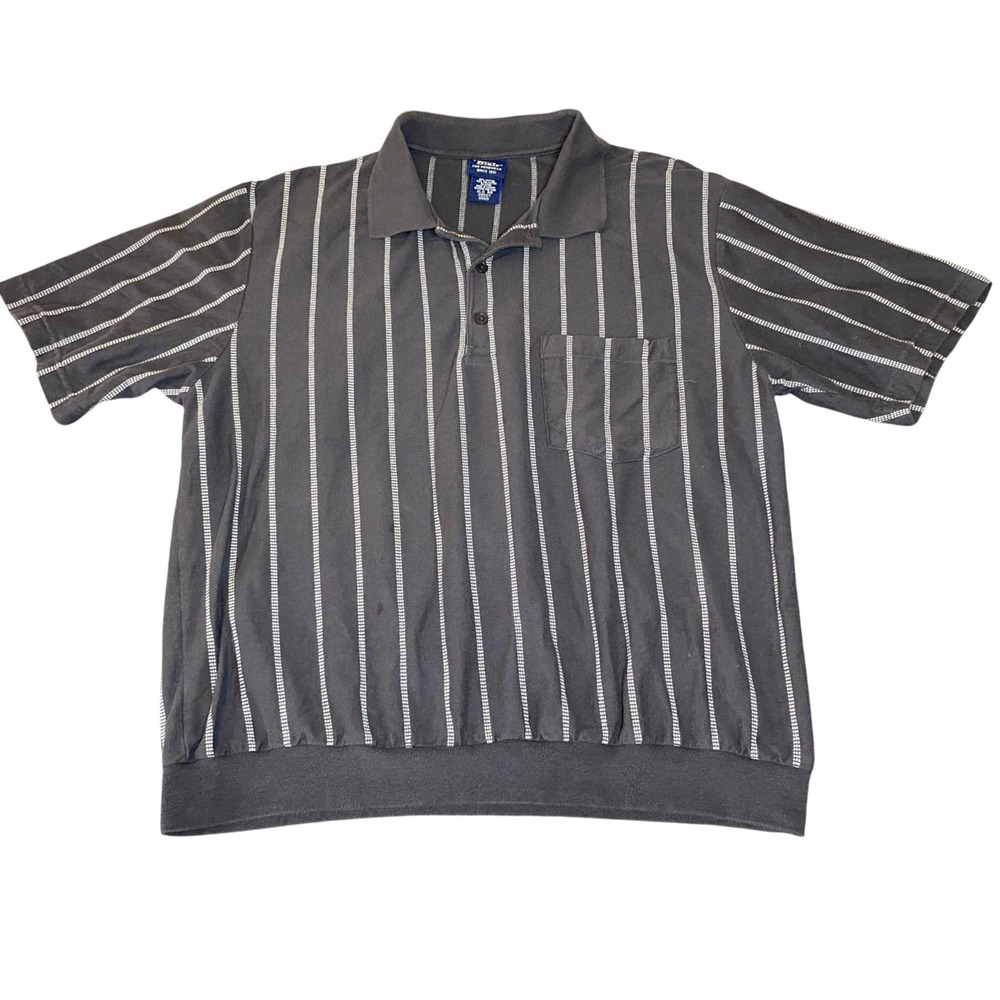 John Blair Mens XL Polo Shirt Grey Stripe Banded Bottom Short Sleeve Y2K Grandpa